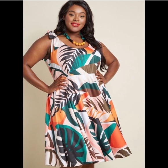 ModCloth Hutch Plus Size Women’s Tropical Shoulder Tie Midi Dress Fit Flare 3X - Picture 1 of 14